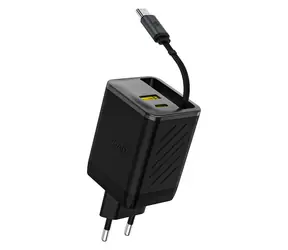 Dudao A67EU síťová nabíječka černá / s vestavěným zatahovacím kabelem / USB-C / 67W