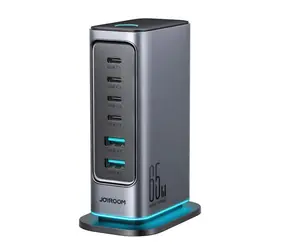 Joyroom JR-TCM02 šedá / Stolní nabíječka / 4x USB-C + 2x USB-A / 65W / LED / UK zástrčka