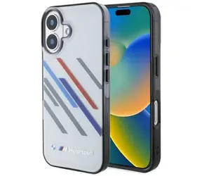 BMW Zadní kryt Motosport Random Stripes pro iPhone 16 šedá