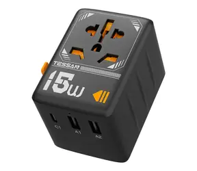 Tessan WTA-01 šedá / Cestovní adaptér / 2500W / EU & UK & AU & US / 2x USB-A / 1x USB-C