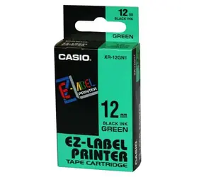 CASIO originální páska do tiskárny štítků CASIO XR-12GN1 / černý tisk / zelený podklad / nelaminovaná / 8m / 12mm