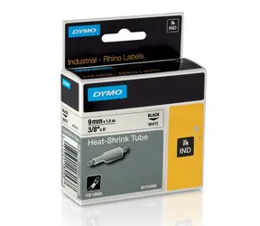 Dymo originální páska do tiskárny štítků 9mm x 1.5m / černý tisk / bílý podklad / RHINO plochá smršťovací 