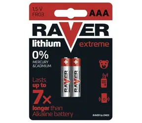 Baterie AAA Raver, 1,5V Lithium, vydrží až 7x déle než alkalické baterie, 2 ks
