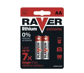 Baterie AA Raver, 1,5V Lithium, vydrží až 7x déle než alkalické baterie, 2 ks