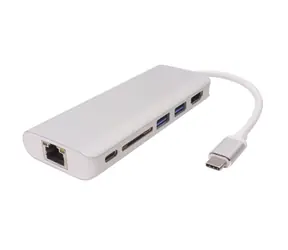PremiumCord Převodník USB3.1 na HDMI / RJ45 / 2x USB3.0 / slot na SD karty / PD charge / 0,2m / stříbrná