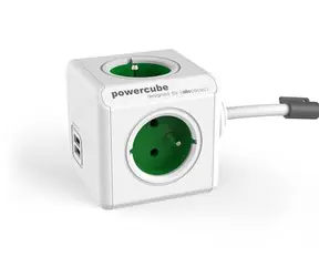 PowerCube Extended USB zelená / Prodlužovací přívod 230V / 1.5m / 4 zásuvky / 2x USB port 