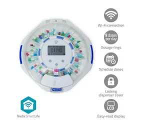 Nedis Chytrý dávkovač pilulek / Wi-Fi / 28 přihrádek / SmartLife / Hlas / LCD displej 