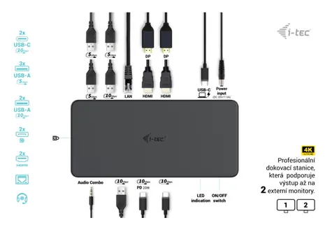 i-tec USB 3.0/USB-C/Thunderbolt 3 Dual 4K Docking Station Gen 2 Pro / Dokovací stanice / 2x DisplayPort + 2x HDMI