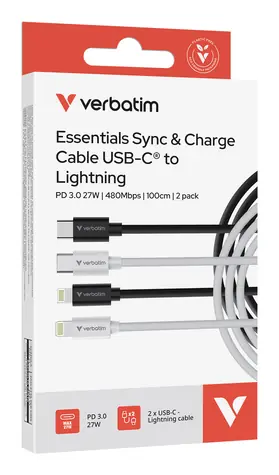 Verbatim Essentials Sync & Charge / Kabel USB-C na Lightning / 2 ks / 100 cm / 27 W / černý + bílý