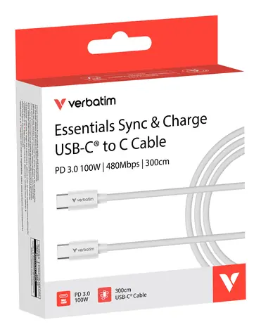 Verbatim Essentials Sync & Charge bílá / Kabel USB-C / USB-C na USB-C / 100 W / 3 m