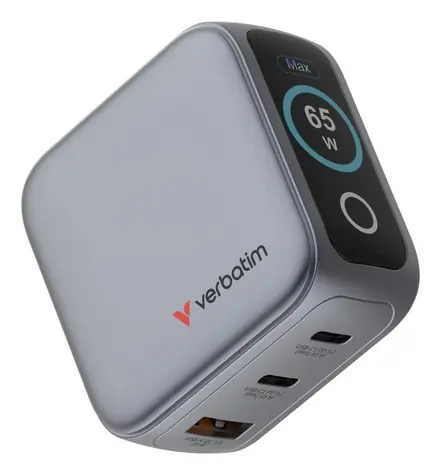 Verbatim Mini GaN nabíjecí adaptér s displejem 65W šedá / Cestovní nabíječka / 2x USB-C PD 3.2 / 1x USB-A QC 3.0