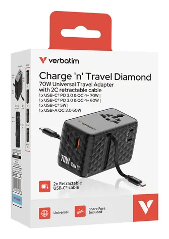 Verbatim Charge'n'Travel 70W černá / Cestovní adaptér / GaN III / 2× výsuvný kabel USB-C / 3× USB-C / 1× USB-A / PD / QC