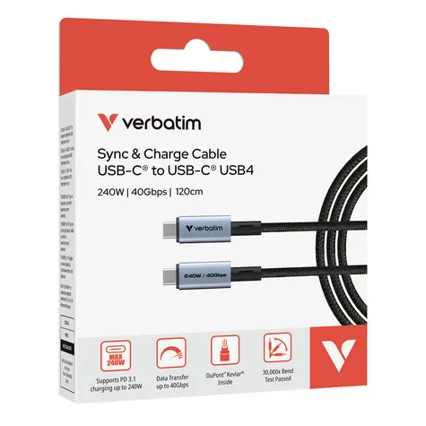 Verbatim Sync & Charge USB-C na USB-C 120cm černá / Nabíjecí a datový kabel / 240W / 40 Gbps / USB4 / PD 3.1