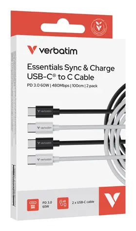 Verbatim Essentials Sync & Charge USB-C černá + bílá / Kabel / USB-C na USB-C / 60 W / 1 m / 2 ks