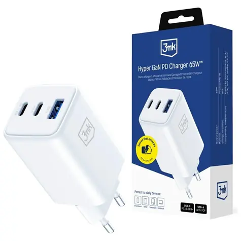 3mk Hyper GaN Charger 65W bílá / Síťová nabíječka / 3× USB / QC4+ PD PPS