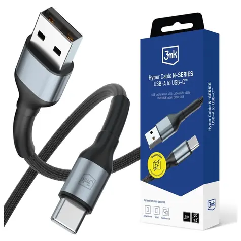 3mk Hyper Cable N-SERIES USB-A na USB-C černá / Kabel / 1 m / 9V/2A 18W / QC 3.0