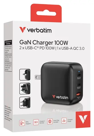 Verbatim Mini GaN Charger 3 Port 100W černá / Cestovní nabíjecí adaptér / 100W / 2x USB-C / 1x USB-A / QC / PD