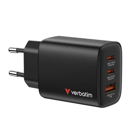 Verbatim GaN III Essentials černá / Cestovní nabíjecí adaptér / 65W / 2x USB-C / 1x USB-A / PD 3.0 / QC 3.0