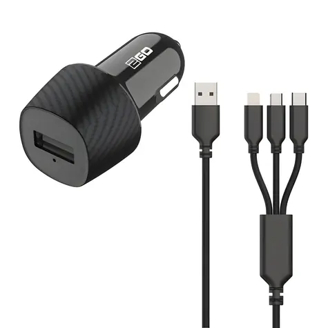 2GO 3in1 černá / Autonabíječka / 15W / Micro-USB & Lightning & USB-C