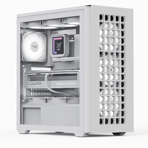 Aerocool D502A-G-WT-V1 bílá / Skříň / Midi Tower / ATX / Mesh / tvrzené sklo / RGB / bez zdroje