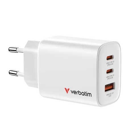 Verbatim GaN Essentials 65W bílá / Cestovní nabíječka / 2x USB-C PD / USB-A QC 3.0