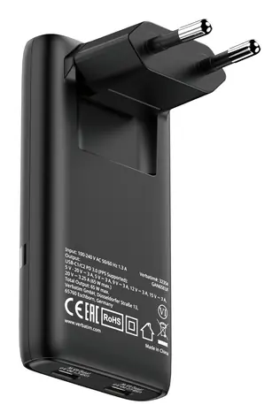 Verbatim GaN Fold 'n' Go 65W černá / Cestovní adaptér / 2x USB-C / PD 3.0