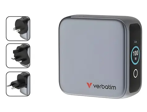 Verbatim Mini GaN 100W šedá / Cestovní nabíjecí adaptér / 2x USB-C / 1x USB-A / displej