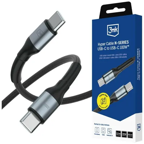 3mk Hyper Cable N-SERIES černá / Datový kabel / USB-C na USB-C / 1,5 m / 100W / PD 3.0 / QC 3.0