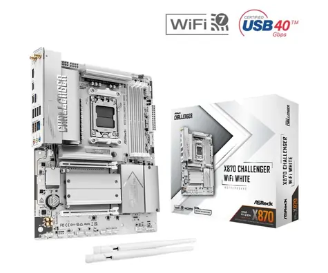 ASRock X870 Challenger WiFi bílá / Základní deska / AMD X870 / DDR5 / SATA III RAID / USB4 / 2.5G LAN / Wi-Fi 7 / sc.AM5