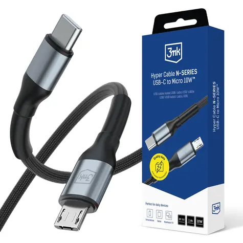 3mk Hyper kabel N-SERIES USB-C na Micro 1m 5V/2A 10W černá / Datový kabel / QC 3.0 / nylonový oplet