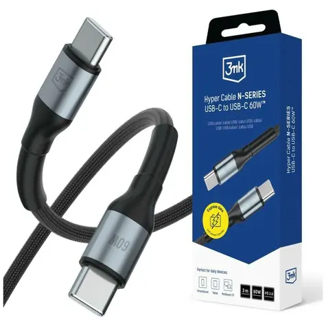 3mk Hyper kabel N-SERIES USB-C na USB-C černá / Datový kabel / 3 m / 60W / PD 3.0 / QC 3.0