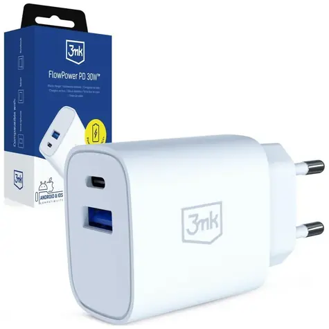 3mk FlowPower 30W bílá / Nabíječka / GaN / USB 1xA+1xC / PD 3.0 / QC4+