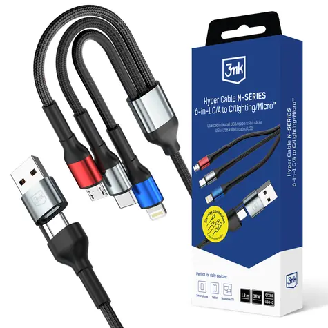 3mk Hyper Cable N-SERIES černá / Nabíjecí kabel / 6 v 1 / USB-A+C na C+Lightning+Micro / 1,2 m / QC 3.0 18W