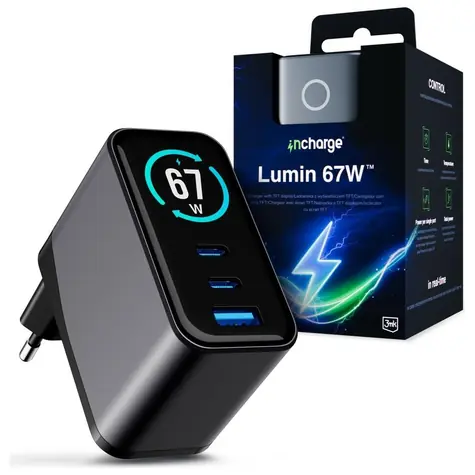 3mk InCharge Lumin 67W černá/šedá / Nabíječka / GaN / 2x USB-C + 1x USB-A / QC4+ / TFT displej