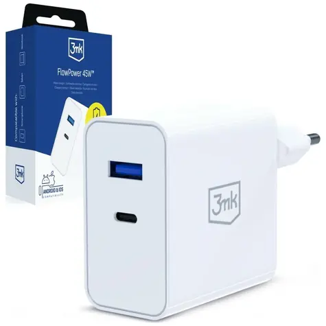 3mk FlowPower 45W bílá / Nabíječka / GaN / PD 3.0 / QC 4.0+ / 1× USB-A + 1× USB-C