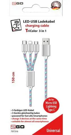 2GO Kabel 3v1 / Nabíjecí kabel / USB-A / Micro-USB & USB-C & Lightning / 1,5 m / 3 A
