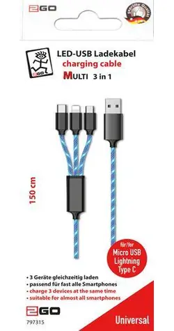 2GO USB-A 3in1 LED černá, modrá / Nabíjecí kabel / Micro-USB / Lightning / USB-C / 1,5 m / 3 A