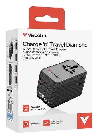 Verbatim Charge'n'Travel Adapter 170W černá / Cestovní nabíjecí adaptér / 3x USB-C / 1x USB-A / rychlé nabíjení