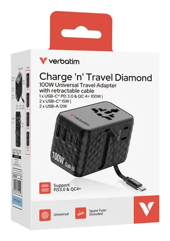 Verbatim Charge'n'Travel Adapter 100W 1C černá / Cestovní adaptér / 2x USB-C / 2x USB-A / Rychlé nabíjení