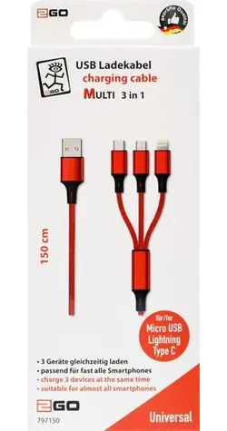 2GO 3in1 nabíjecí kabel červená / USB-A - USB-C / Micro-USB / Lightning / 1,5 m / nylon / 3 A
