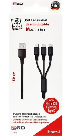 2GO 3in1 nabíjecí kabel černá / USB-A - USB-C / Micro-USB / Lightning / 1,5 m / nylon / 3 A