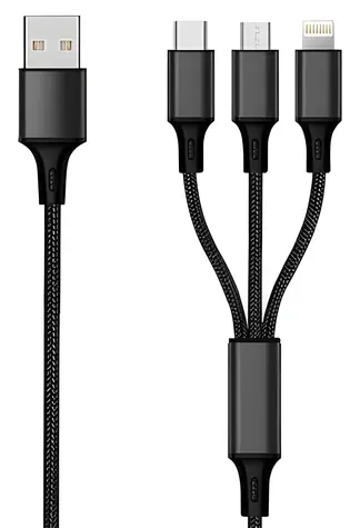 2GO 3v1 černá / Nabíjecí kabel / USB-A na Micro-USB & USB-C & Lightning / 3 m / 3 A