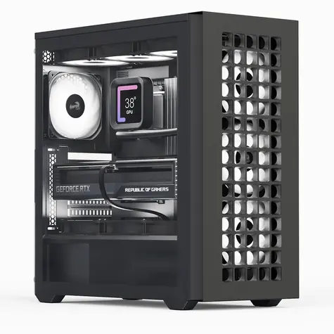Aerocool D502A-G-BK-V1 černá / Skříň / ATX / Mesh / 2x USB-A 3.2 Gen2 / 1x USB-C / bez zdroje / temperované sklo