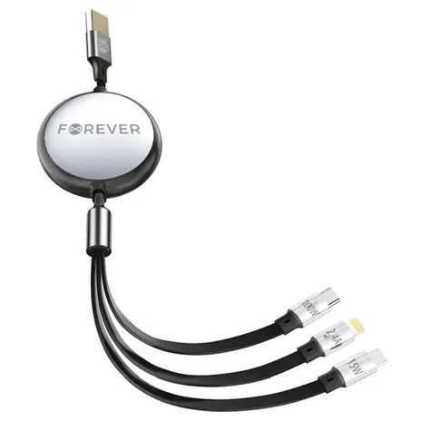 Forever navíjecí kabel 3v1 černá / Nabíjecí kabel / USB-A + 2× USB-C + Lightning / 1,2 m / 100 W