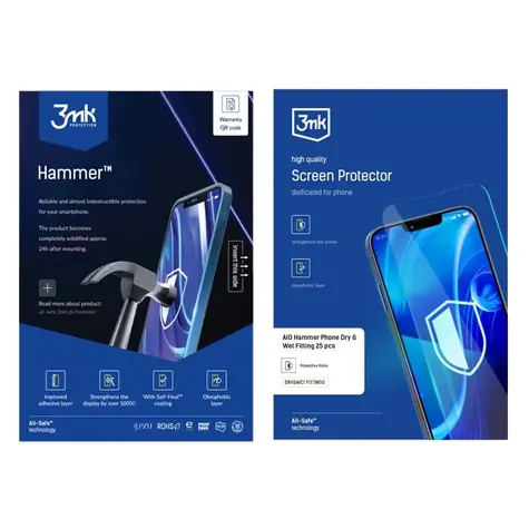 3mk All-Safe Hammer Dry & Wet Fitting / Ochranná fólie / Pro mobilní telefony / AIO / 25 ks
