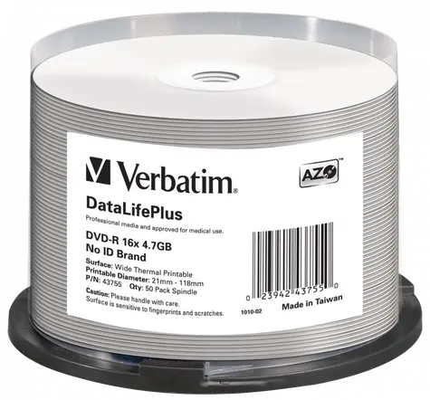 Verbatim DVD-R DataLifePlus Wide Thermal / Optické médium / 4,7 GB / 16x / no-ID / 50 pack Spindle
