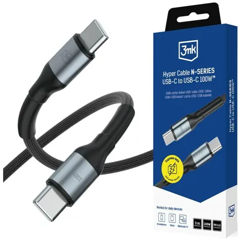 3mk Hyper kabel N-SERIES černá / Datový kabel / USB-C na USB-C / 3 m / 100W / PD 3.0