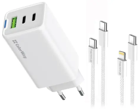 Colorway GaN 65W bílá / Síťová nabíječka / 2x USB-C / 1x USB-A / PD / PPS / vč. 2 kabelů