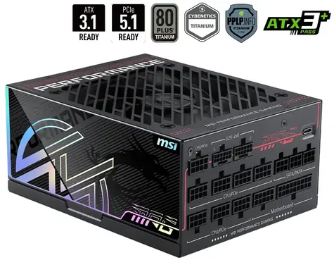 MSI MPG AI1600TS PCIE5 / Zdroj / ATX3.1 / 1600W / 80PLUS Titanium / Aktivní PFC / PCIe 5.0 / modulární
