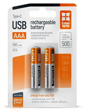 Colorway nabíjecí baterie AAA 590 mAh / Nabíjecí baterie / 1,5 V / USB-C / 2 ks